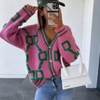 Women's Geometric Knit Cardigan – Oversized Button Front Patterned Cardigan