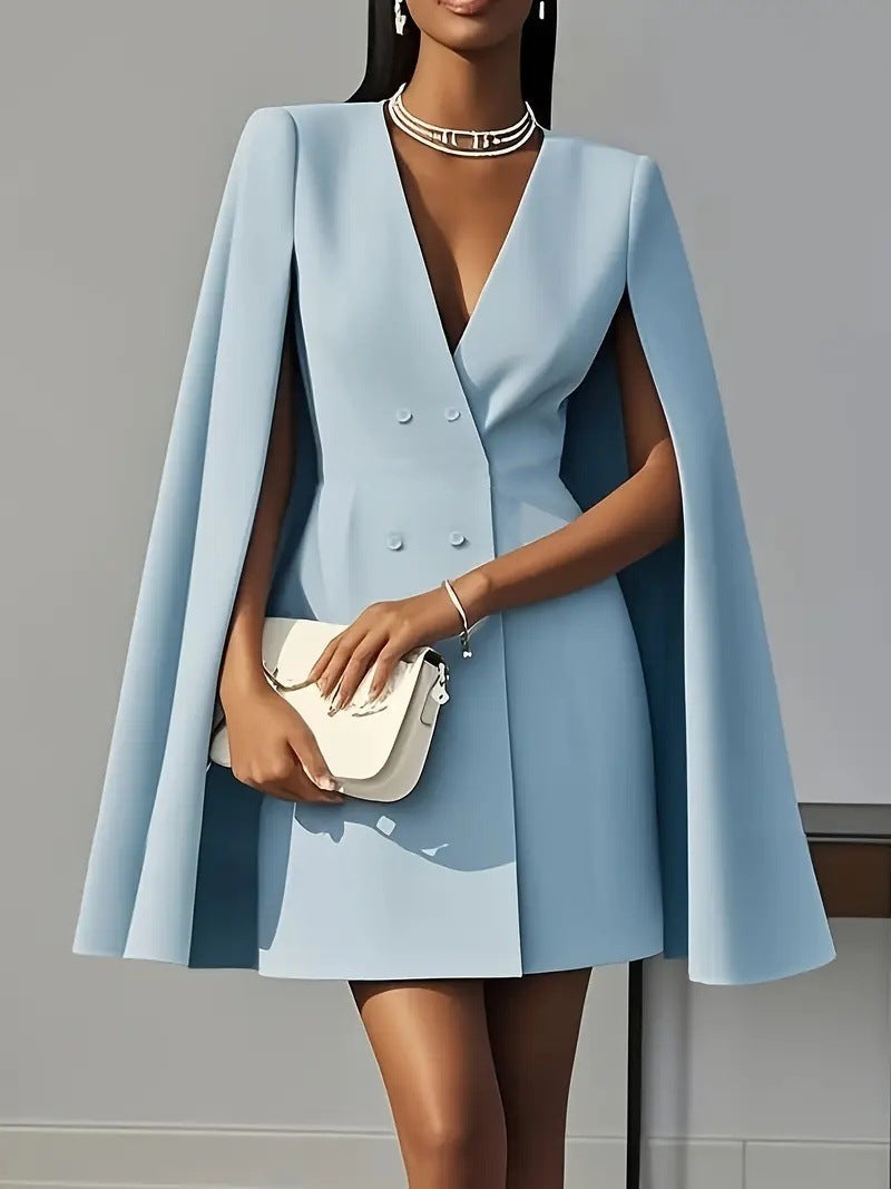 Women's Hooded Cape Dress – Deep V-Neck Formal Cocktail Dress