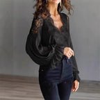Women's Lace Blouse with Sheer Sleeves and Scalloped Details
