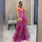 Women's Floral Maxi Dress – V-Neck Spaghetti Strap Evening Gown