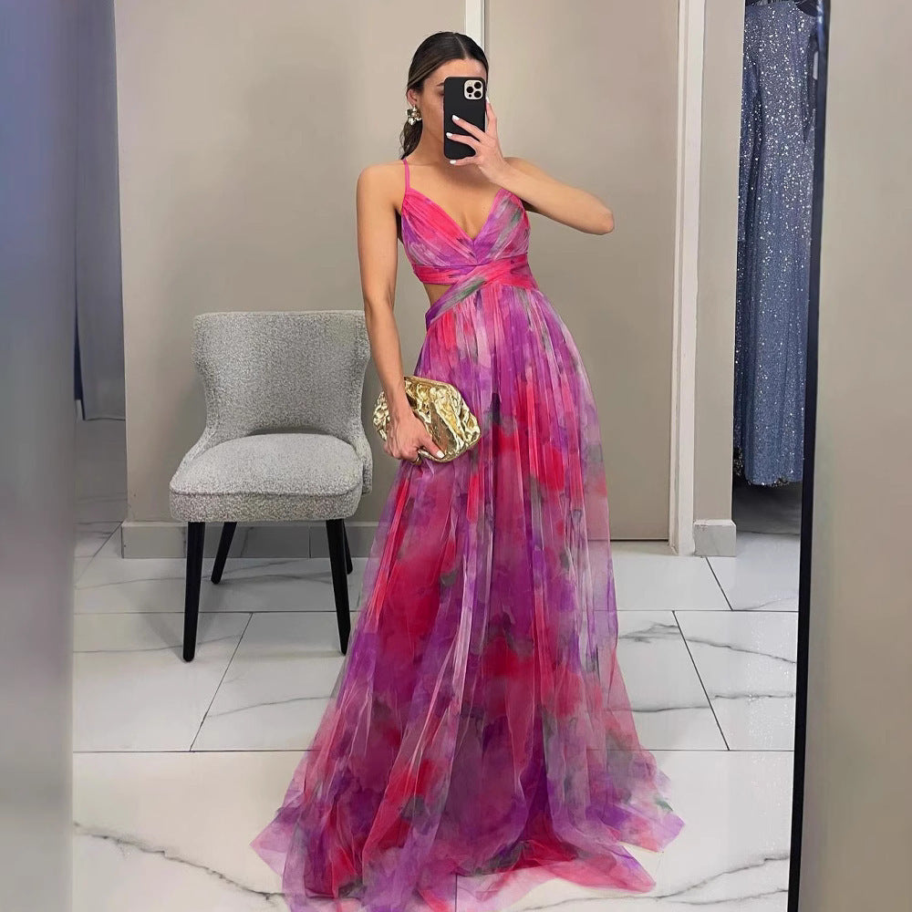 Women's Floral Maxi Dress – V-Neck Spaghetti Strap Evening Gown