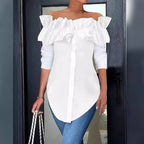Women's Off-Shoulder Ruffle Blouse – Button Front Three-Quarter Sleeve Blouse