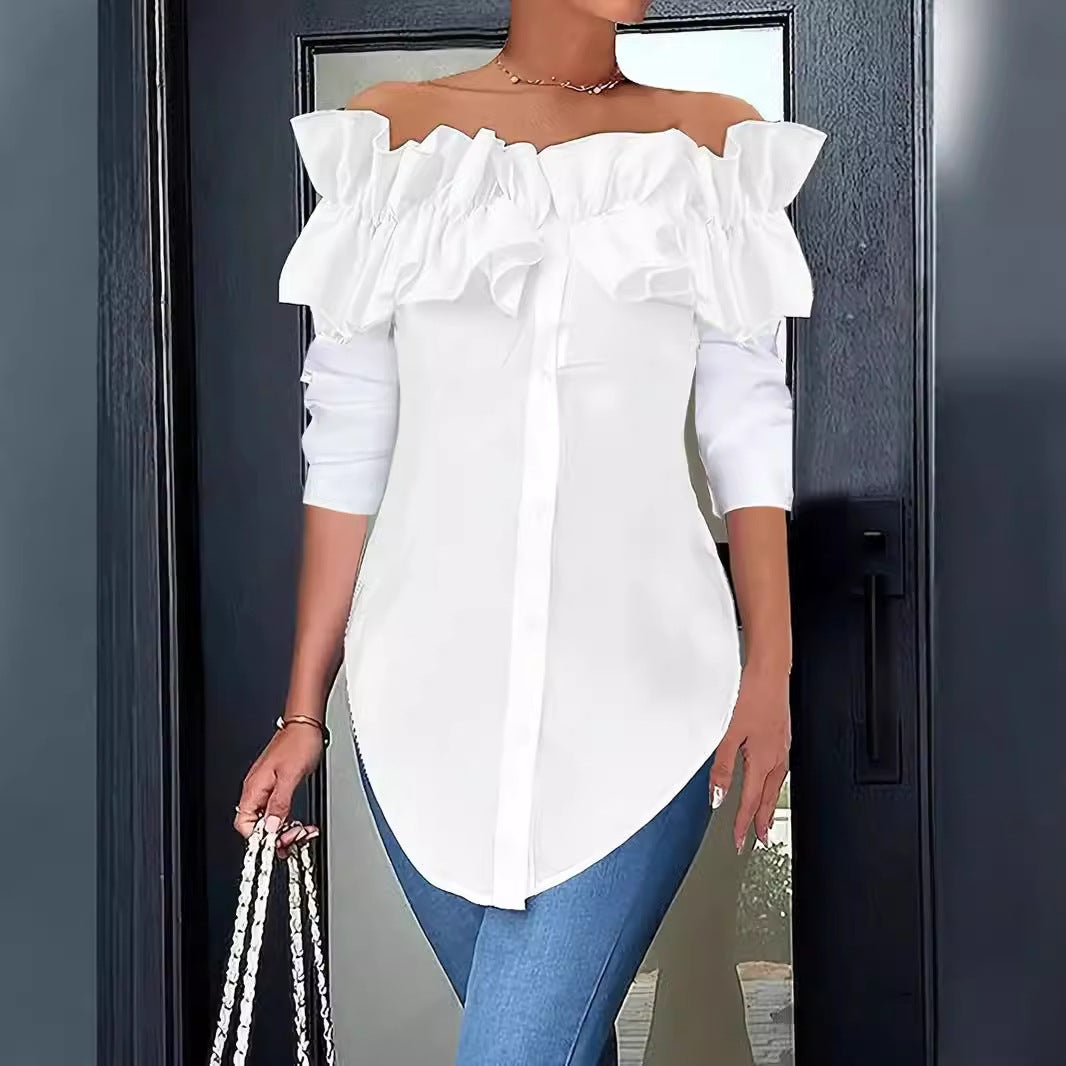 Women's Off-Shoulder Ruffle Blouse – Button Front Three-Quarter Sleeve Blouse
