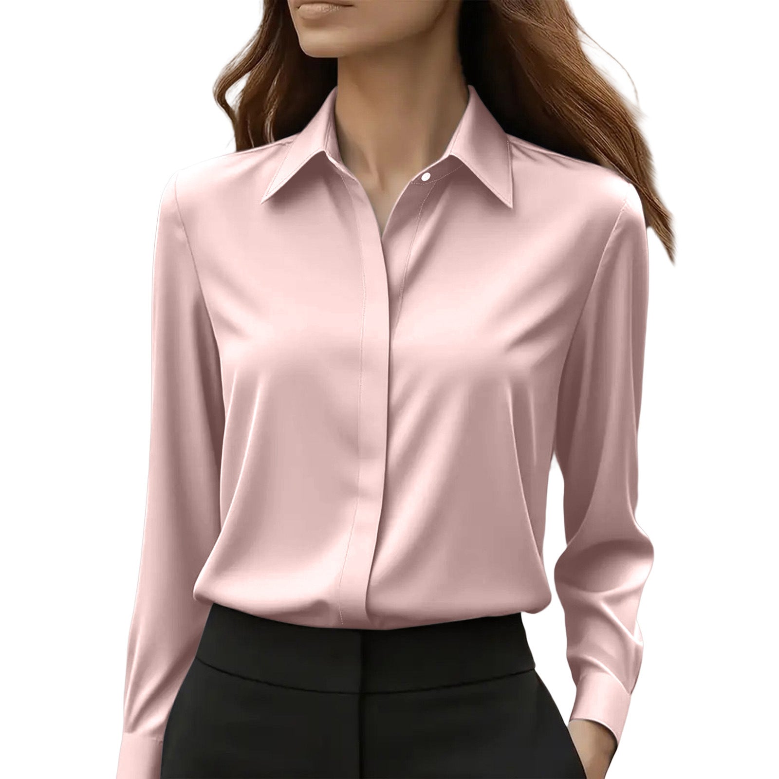 Women's Collared Blouse with Button Closure and Curved Hem