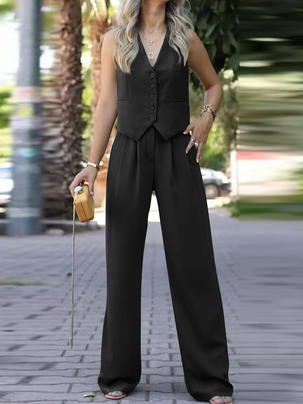 Women's Waistcoat Pants Set – Sleeveless V-Neck Vest & Wide Leg Trousers