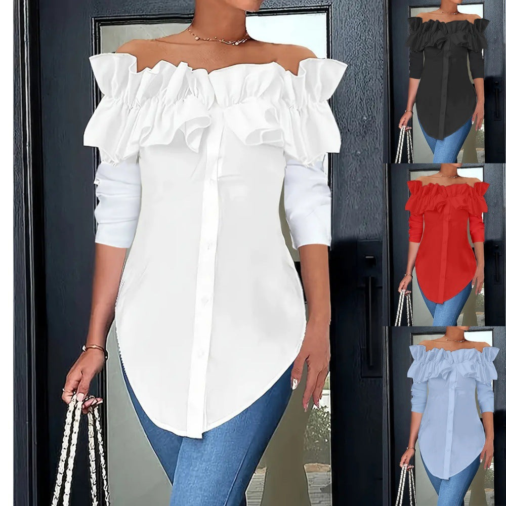 Women's Off-Shoulder Ruffle Blouse – Button Front Three-Quarter Sleeve Blouse