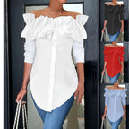 Women's Off-Shoulder Ruffle Blouse – Button Front Three-Quarter Sleeve Blouse