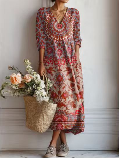 Women's Vintage Floral Midi Dress – Relaxed A-Line Summer Dress