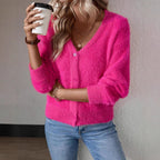 Women's Fluffy V-Neck Cardigan – Button Front Long Sleeve Knit Cardigan