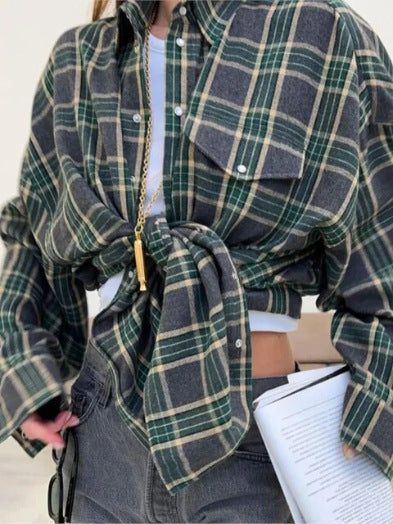 Women's Oversized Check Blouse – Relaxed Button Front Shirt Blouse