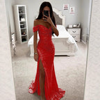 Women's Off-Shoulder Sequin Evening Dress – Side Slit Sparkle Gown
