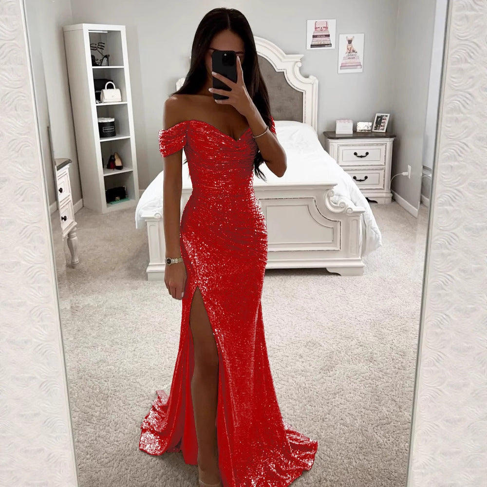 Women's Off-Shoulder Sequin Evening Dress – Side Slit Sparkle Gown