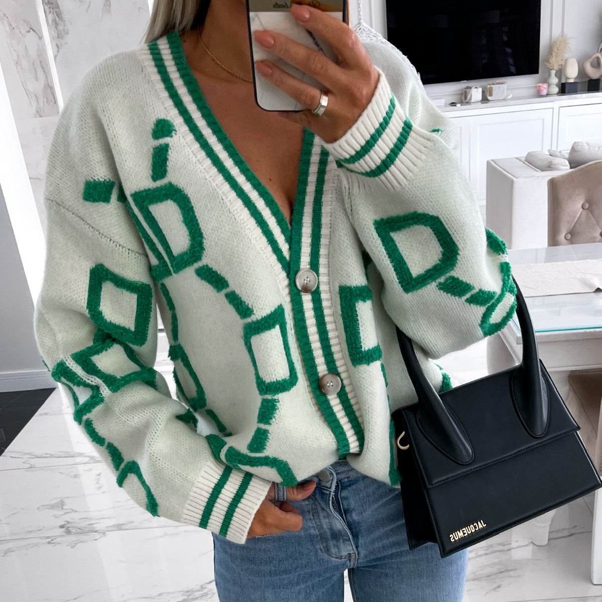 Women's Geometric Knit Cardigan – Oversized Button Front Patterned Cardigan