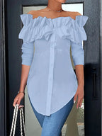 Women's Off-Shoulder Ruffle Blouse – Button Front Three-Quarter Sleeve Blouse