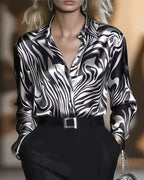 Women's Wave Print Blouse – Relaxed Long Sleeve Statement Blouse
