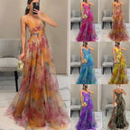 Women's Floral Maxi Dress – V-Neck Spaghetti Strap Evening Gown