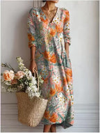 Women's Vintage Floral Midi Dress – Relaxed A-Line Summer Dress