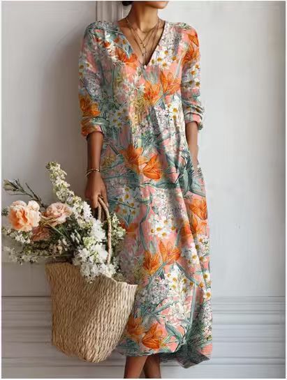 Women's Vintage Floral Midi Dress – Relaxed A-Line Summer Dress