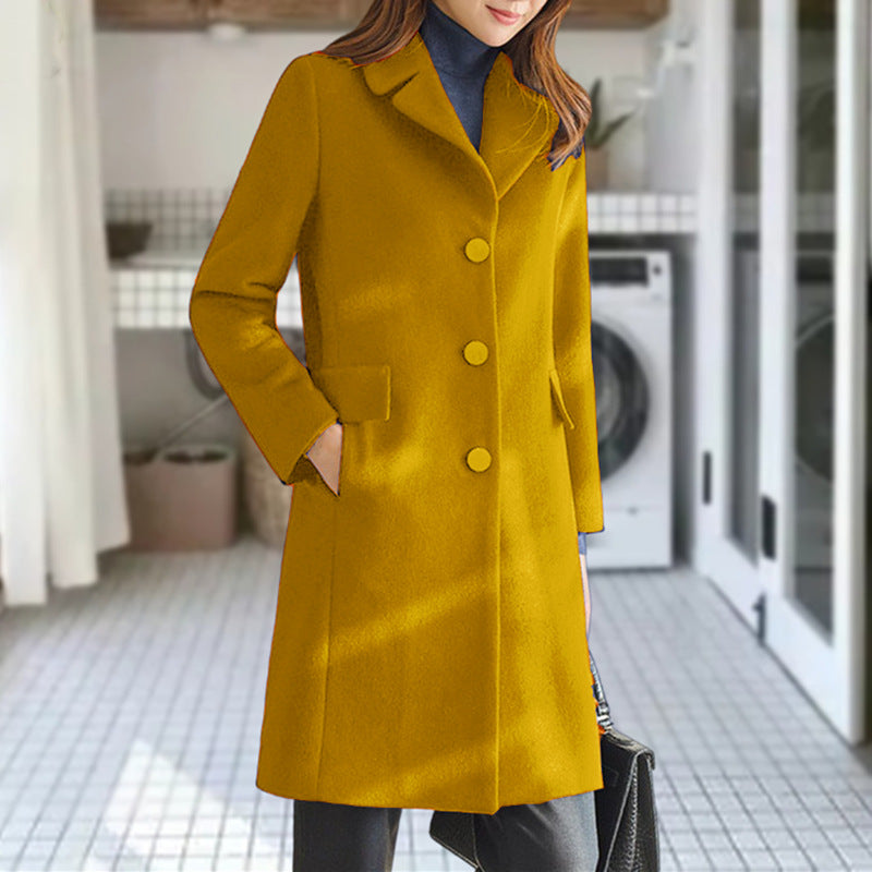Women's Classic Long Coat – Lapel Collar Button Front Overcoat