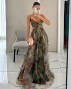 Women's Floral Maxi Dress – V-Neck Spaghetti Strap Evening Gown
