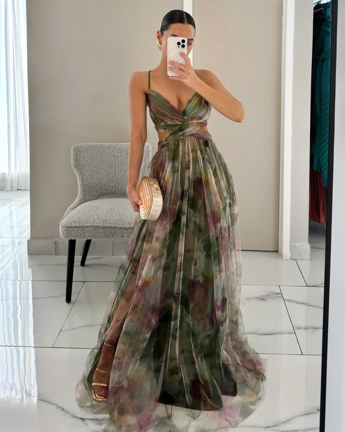Women's Floral Maxi Dress – V-Neck Spaghetti Strap Evening Gown