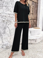 Women's Split Hem Wide Leg Lounge Set – Relaxed Top and Trousers Set
