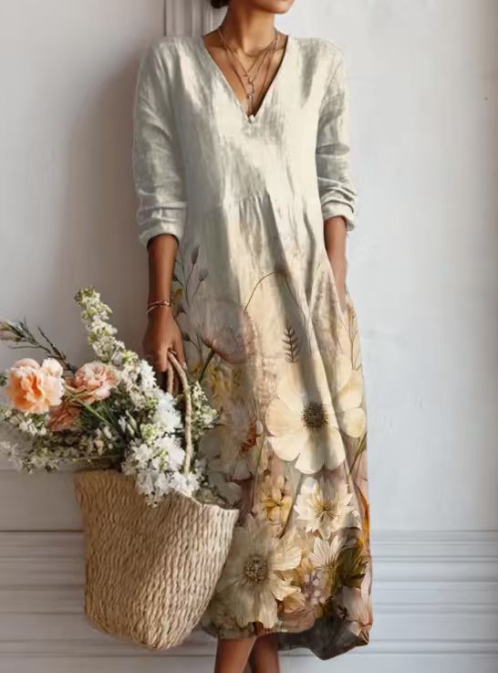 Women's Vintage Floral Midi Dress – Relaxed A-Line Summer Dress