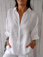 Women's Relaxed Blouse with Folded Sleeves and Button Front