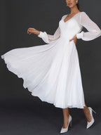 Women's Pleated V-Neck Dress – Long Sleeve Fit & Flare Occasion Dress