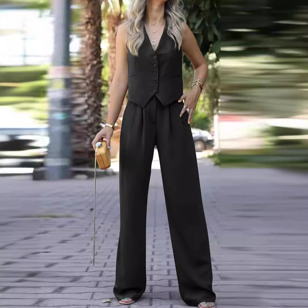 Women's Waistcoat Pants Set – Sleeveless V-Neck Vest & Wide Leg Trousers