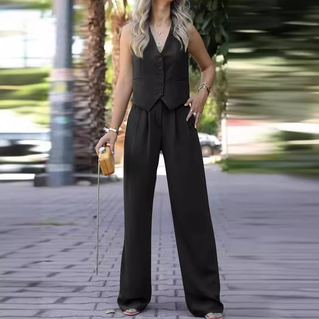 Women's Waistcoat Pants Set – Sleeveless V-Neck Vest & Wide Leg Trousers