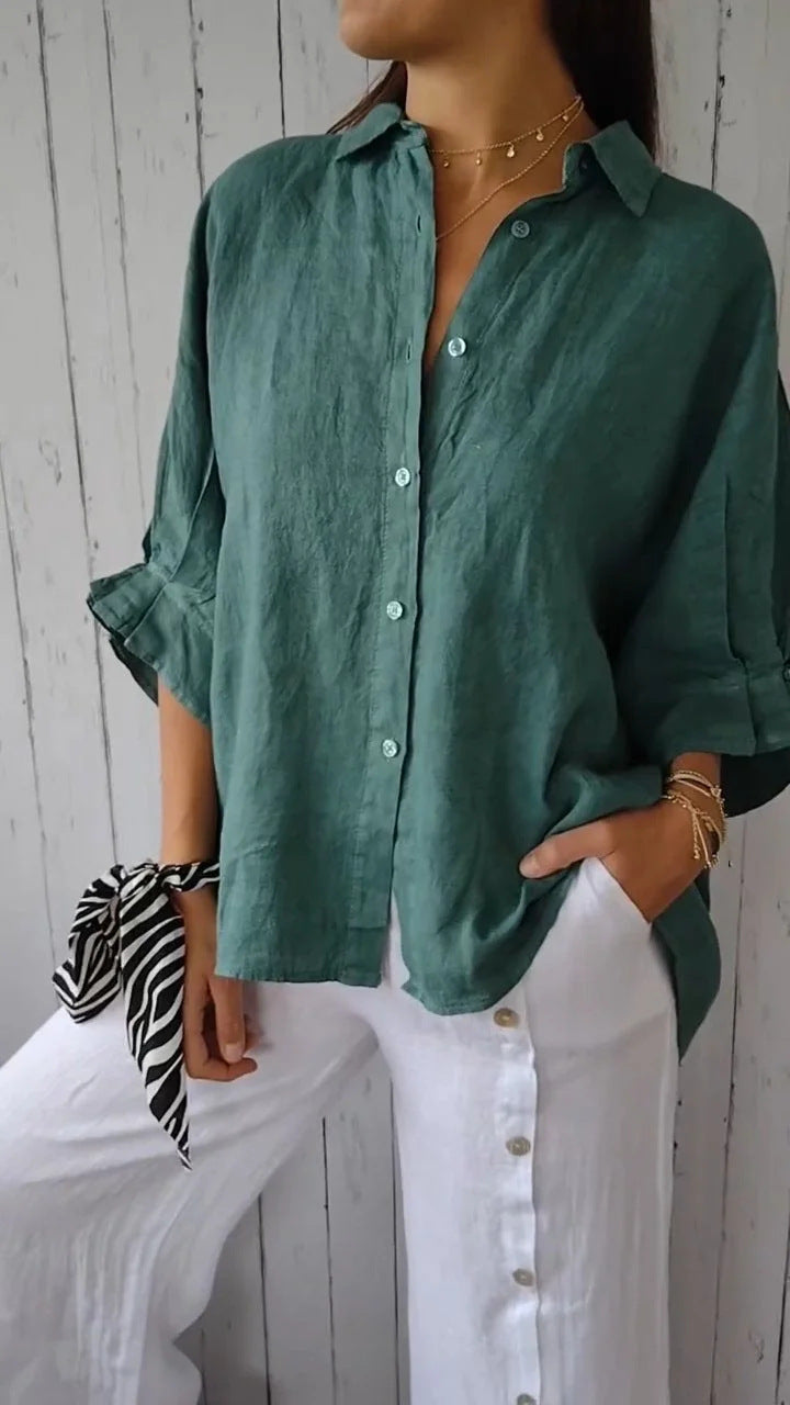 Women's Relaxed Blouse with Folded Sleeves and Button Front