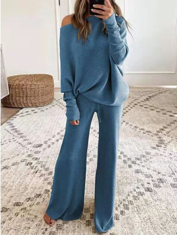 Women's Knit Pants Set – Long Sleeve Top & Matching Wide Leg Trousers