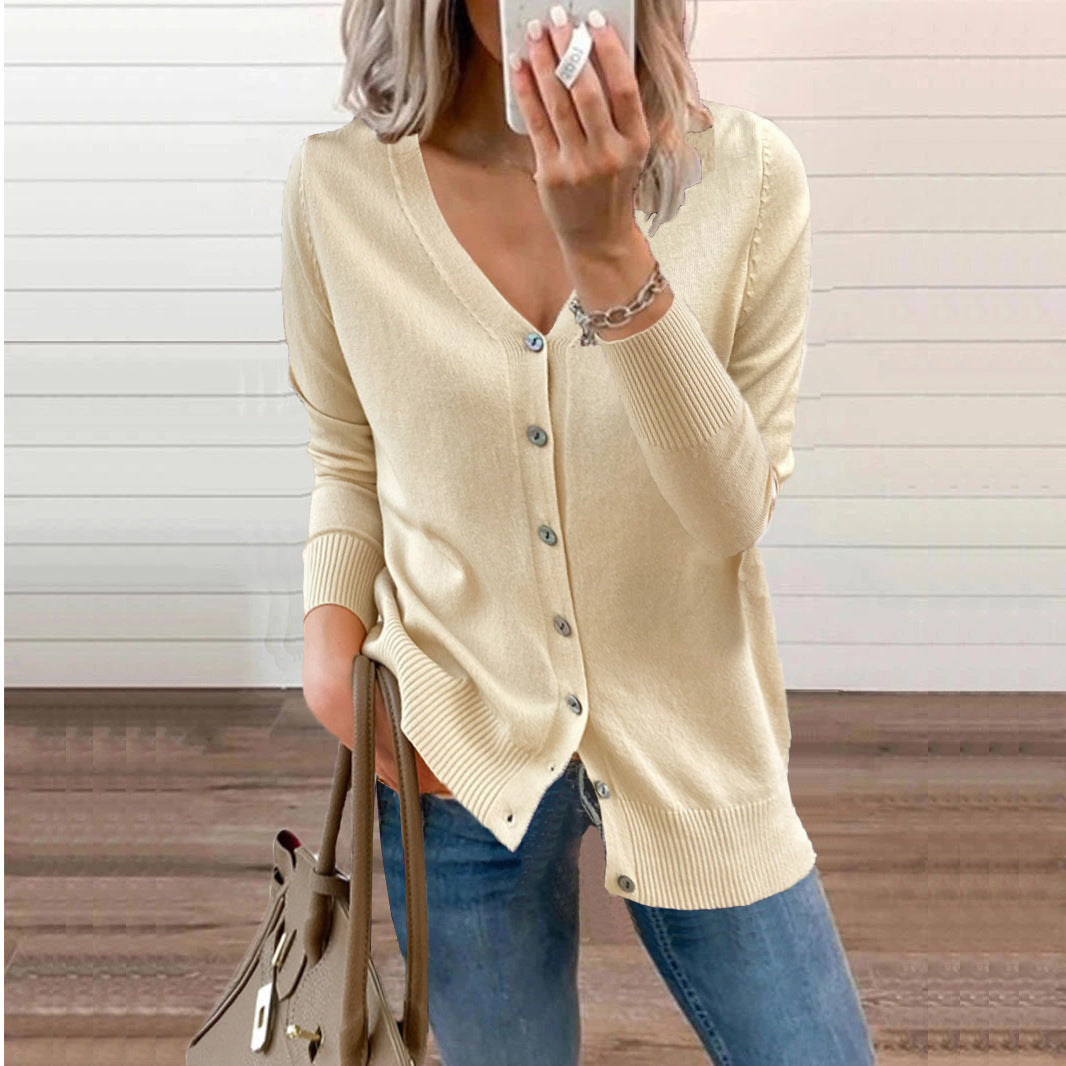 Women's V-Neck Button Cardigan – Ribbed Long Sleeve Knit Cardigan