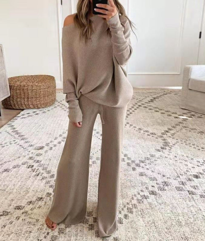 Women's Knit Pants Set – Long Sleeve Top & Matching Wide Leg Trousers