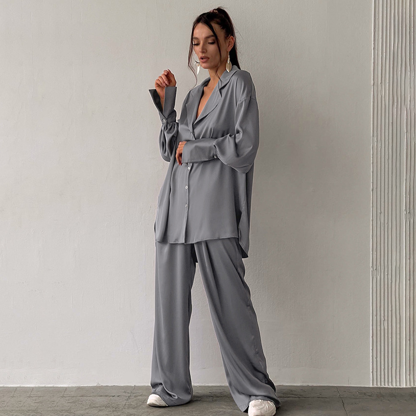 Women's Relaxed Oversized Lounge Set – Wide Leg Pants and Blouse Set