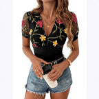 Women's Floral Trim Bodysuit – Deep V-Neck Sheer Sleeve Bodysuit