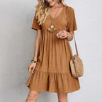 Women's V-Neck Summer Dress – Short Sleeve Ruffle Flowy Dress
