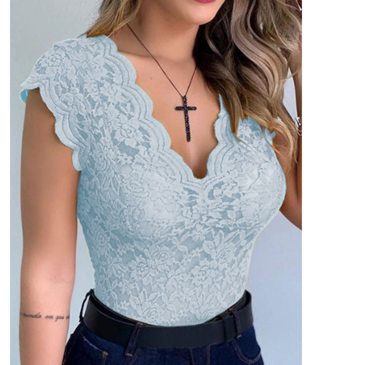 Women's Ruffle Sleeve Lace Bodysuit – Deep V-Neck Fitted Bodysuit