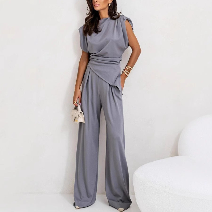 Women's Draped Top Pants Set – High Waist Wide Leg Co-Ord Set