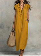 Women's Boho Maxi Dress – Flowy Ruffle Long Dress with Pockets
