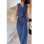 Women's Waistcoat Pants Set – Sleeveless V-Neck Vest & Wide Leg Trousers