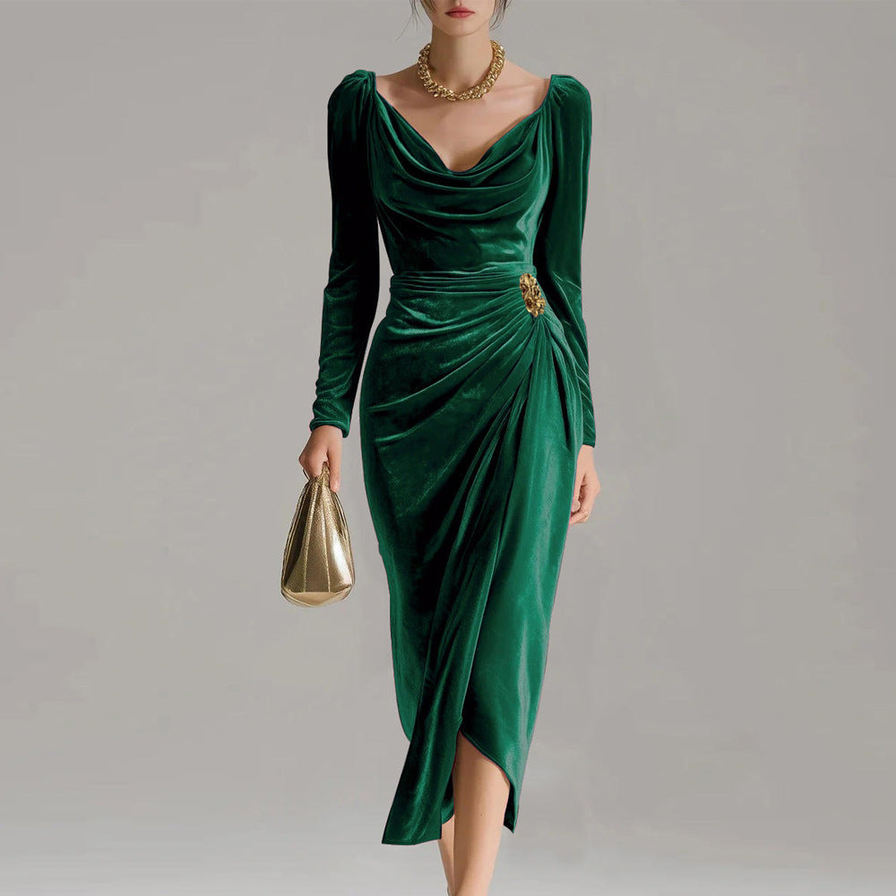 Women's Velvet Midi Dress – Ruched Occasion Dress