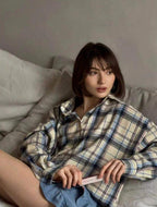 Women's Oversized Check Blouse – Relaxed Button Front Shirt Blouse