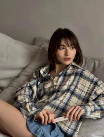 Women's Oversized Check Blouse – Relaxed Button Front Shirt Blouse