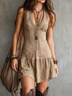 Women's Boho V-Neck Summer Dress – Ruffle Hem Cinched Waist Dress