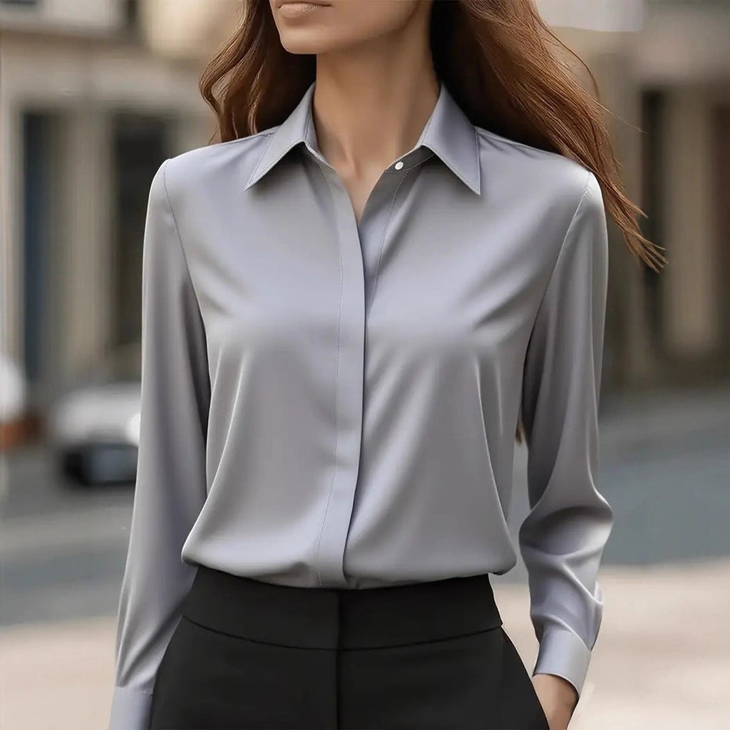 Women's Collared Blouse with Button Closure and Curved Hem