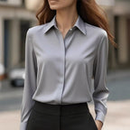 Women's Collared Blouse with Button Closure and Curved Hem