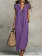 Women's Boho Maxi Dress – Flowy Ruffle Long Dress with Pockets