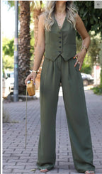 Women's Waistcoat Pants Set – Sleeveless V-Neck Vest & Wide Leg Trousers